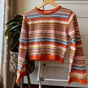 Lush Multicolor Striped Cropped Crewneck Sweater with Orange Trim